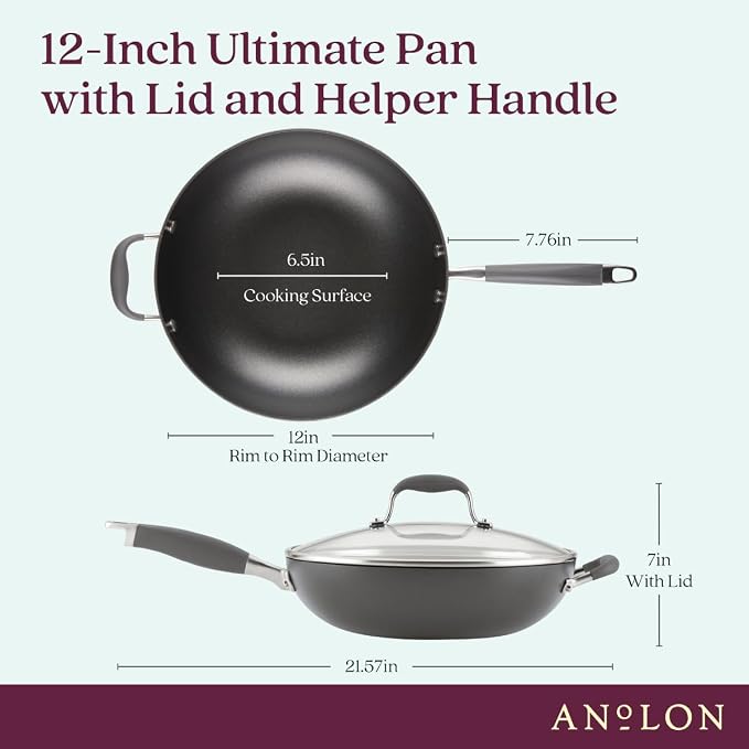 Anolon Advanced Home Hard-Anodized Nonstick Ultimate Pan with Lid and Helper Handle, Non Stick Frying Pan, 12-Inch, Moonstone