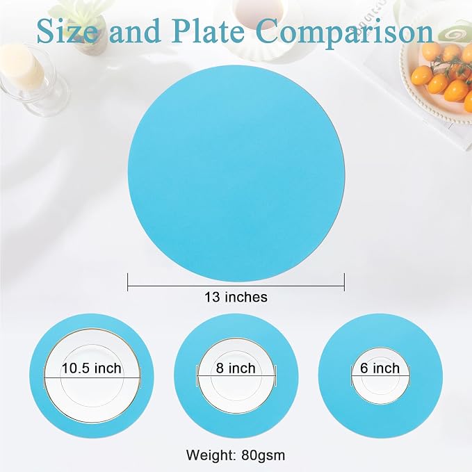SHACOS 100 pcs Round Paper Placemats Disposable 13 inch Colored Paper Place Mats for Wedding Birthday Party Bridal Baby Shower Events Table Decoration, Sky Blue