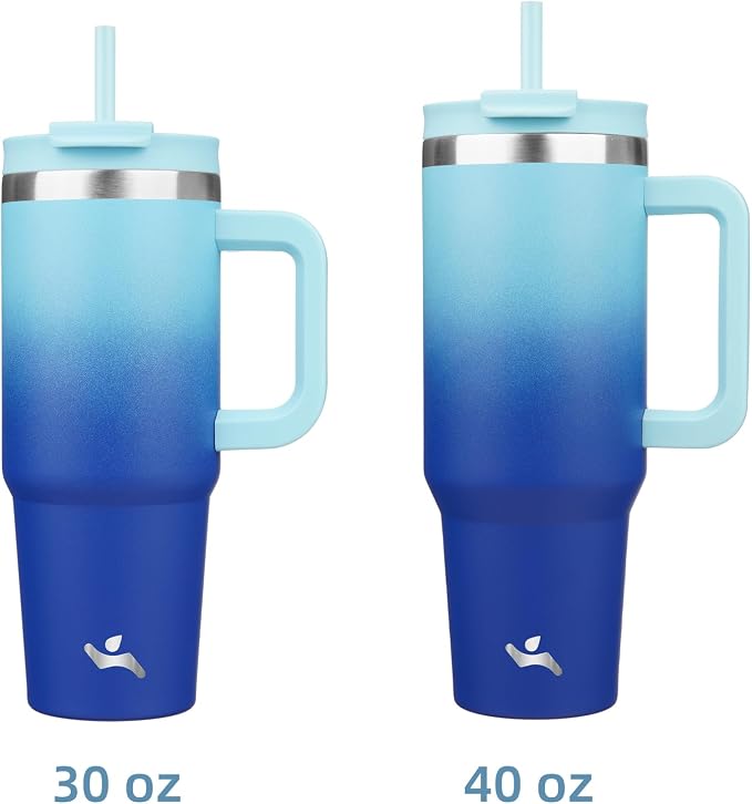 Konokyo 40 oz Insulated Tumbler Water Bottle with Handle, Straw Lid | BPA-free and dishwasher safe; made for gym, travel, coffee and gifting, 2 straws, cup holder friendly,Sky