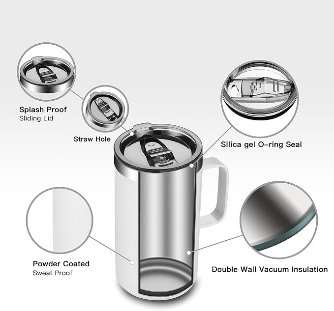 KXIAOCHEN 20 oz Insulated Coffee Mug, Coffee Cup with Lid and Wide Handle | 18/8 stainless steel, 6+ hours hot or 12+ hours cold, wide mouth, no-sweat exterior, for office, work, home and camping