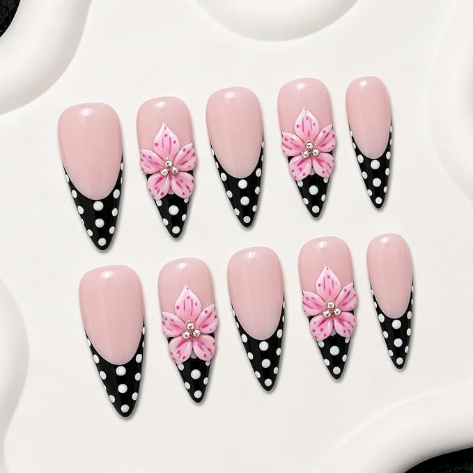 Handmade Press on Nails White Polka Dot Fake Nails Designs Long Stiletto Stick on Nail Full Cover Flower False Nails Hand Made Luxury Thicked Muti-Layer Gel Acrylic Nail for Women (S)