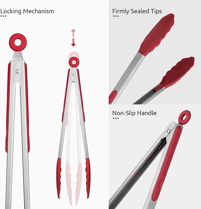 U-Taste Kitchen Tong for Cooking, 600ºF Heat-Resistant Silicone, 12in/Red | Large Tongs for Serving Food, Big Rubber Tong for Grill/BBQ, Silicon Tips & 18/8 Stainless Steel Handle, Smooth Locking