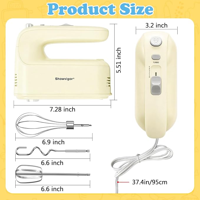 Electric Hand Mixer, 300W Handheld Mixer with 5 Stainless Steel Accessories, 5 Adjustable Speeds + Turbo Boost & Self-Control, One-Button Eject, Food Beater for Cakes, Eggs, Dough (Beige)
