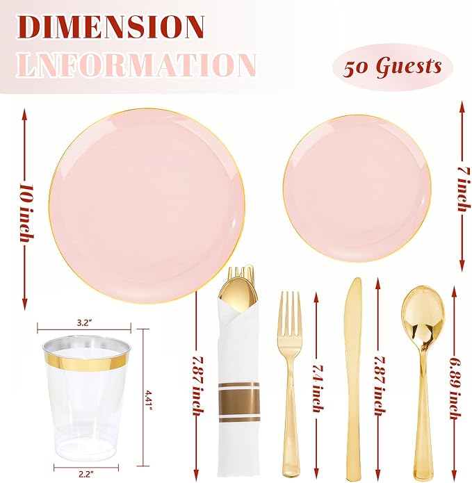 KIRE 350 PCS Pink Disposable Plates - Plastic Dinnerware Set for Wedding | Include 100PCS Pink and Gold Plates, 50PCSPre Rolled Napkins with Silverware & 50PCS Cups for Party