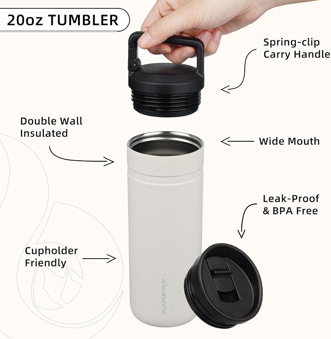 BJPKPK 20 oz Insulated Travel Water Bottle, Coffee Tumbler Stainless Steel | Double Wall Vacuum, Leakproof, Thermal, Keeps Hot/Cold, BPA Free, Dishwasher Safe, Spill Proof, Wide Mouth, 2 Lids, Milky