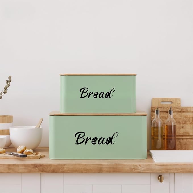 Metal Bread Box Set of 2 with Bamboo Lid, Modern Bread Storage Containers with Air Vents, Bamboo Cutting Board Lid, Farmhouse Kitchen Decor Organizer for Countertop, 2-Size (Large & Small)Sage Green
