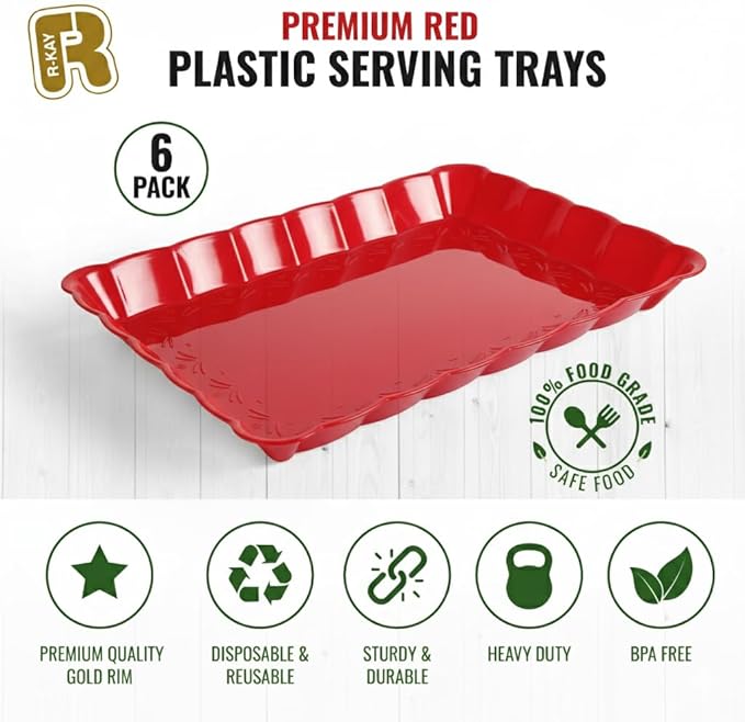 6 Pack Red Plastic Serving Trays for Party, 9 x 13 Inch - Heavy Duty Plastic Trays for Food - Rectangular Party Serving Trays and Platters - Red Disposable Trays
