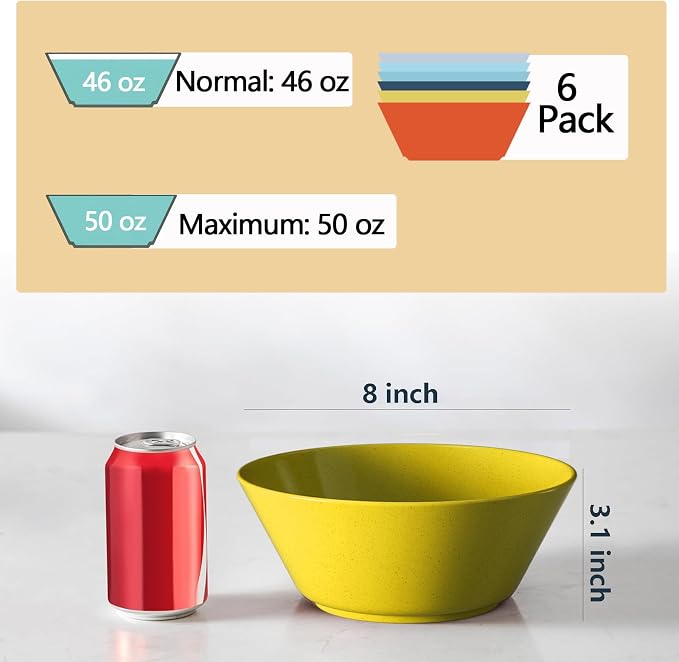 50 Oz Wheat Straw Bowls Set of 6 - Unbreakable, Stackable & Microwave Safe, Multicolor Large Cereal Bowls for Oatmeal, Soup, Ramen, Salad, Popcorn, etc. Safe for Kids & Family