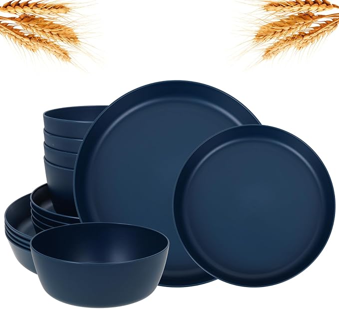 EjonirInjonir 12pcs Unbreakable Blue Dishes Set for Camping, Wheat Straw | Eco-Friendly, Reusable Wheat Straw Dinnerware Sets with Deep Wheat Straw Plates for Outdoor Family Picnic and RV Dining