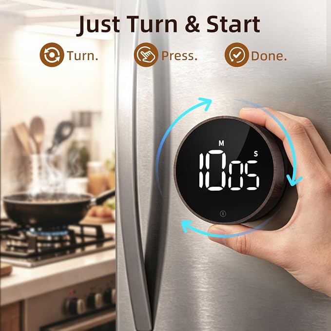 Digital Magnetic Kitchen Timer & Stopwatch with LED Display, Woodgrain | Up to 99:55 Countdown & Count Up , Easy Twist Control, Adjustable Volume & Brightness, Magnetic Back, Battery Powered