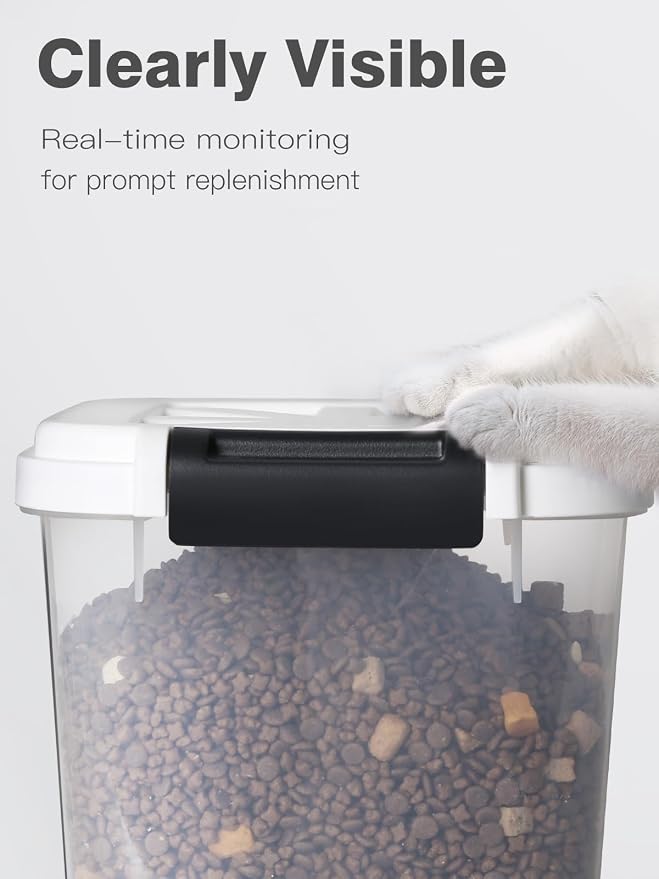 Pet Food Storage Container, 5 lbs Dog Cat Treat Storage Bin with Lid, Dry Food Storage for Dog Treats, Cat Food, Cereal, Rice, Birds (4 lbs) - White | Airtight snap-lock lid, clear BPA-free body, and measuring cup for dog treats, cat food, birdseed, ce...
