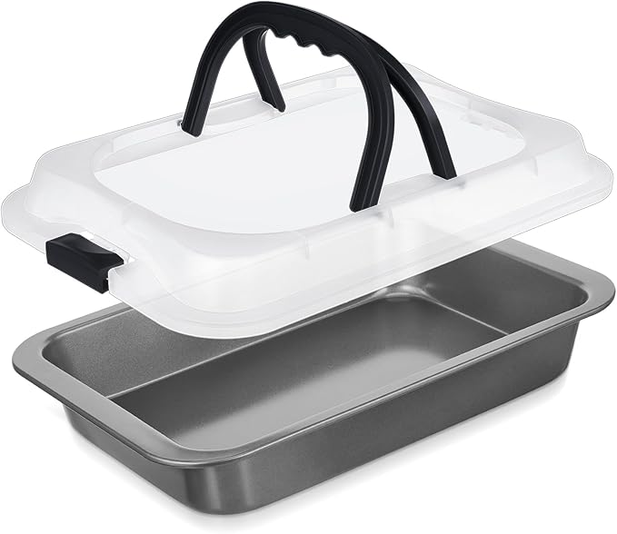 Qinyoung 1 Pcs Black Gray Cake Pan with Lid and Handle, 9 X 13 Inch | Non-stick, Rectangle Sheet Cake Pan, Covered Carrier, Brownie Roasting, Cooking, Baking