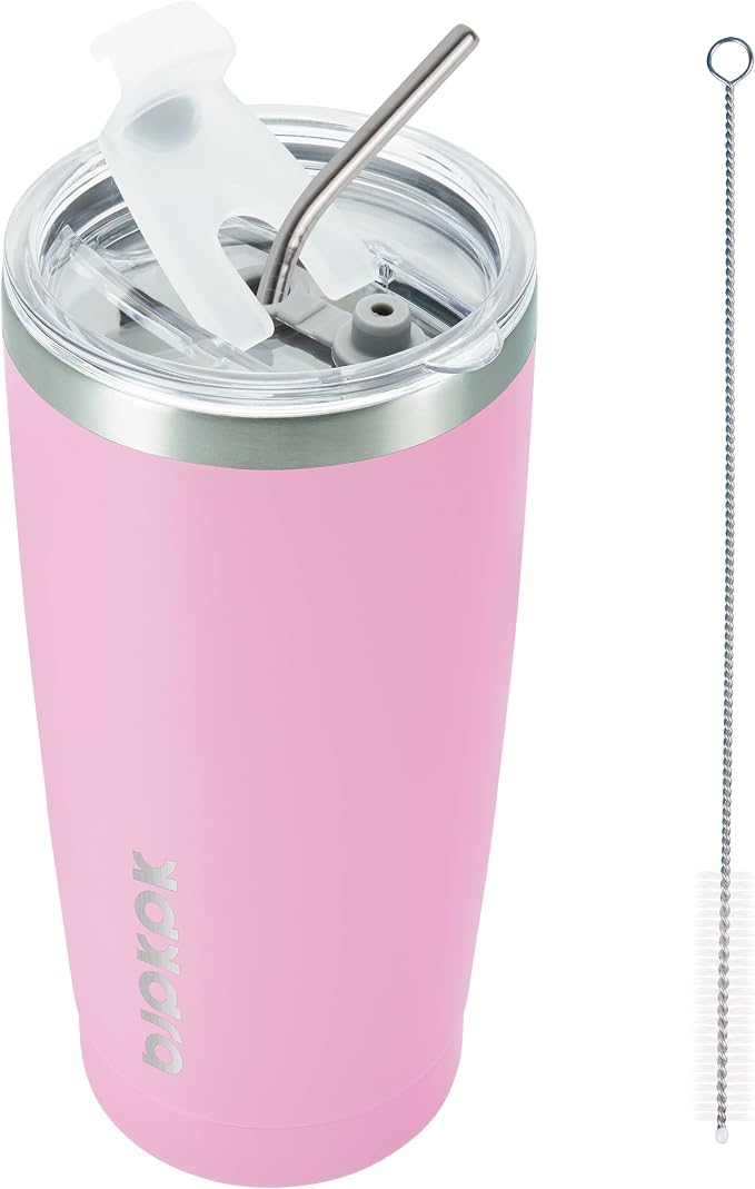 BJPKPK 20oz Coffee Tumbler with Lid & Straw, Insulated Stainless Steel Mug | Double Wall Vacuum, Keeps Hot/Cold, BPA Free, Leak Proof, Iced Coffee Cup Fit Car Holder, Travel & Beach, Light Pink