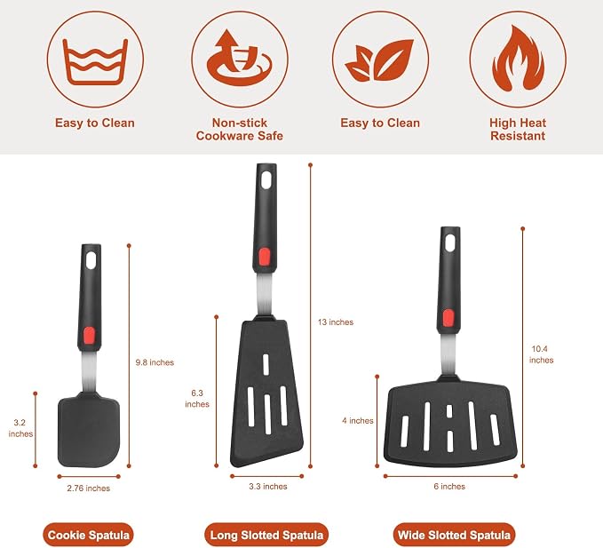 HOTEC Silicone Spatula Turner Set of 3, Heat Resistant 600°F & BPA-Free Flexible Rubber Spatulas for Nonstick Cookware, Kitchen Utensils for Flipping Eggs, Fish, Burgers, Pancakes, Cookie, Crepes