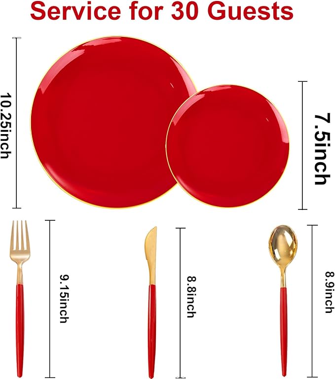 DaYammi 150Pcs Red Plastic Plates with Gold Rim,Fancy Disposable Dinnerware Set with Red Handle Gold Cutlery, Includes 30 Dinner Plate,30 Dessert Plate,30 Knives,30 Forks,30 Spoons for Party Wedding