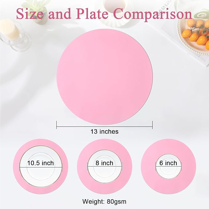 SHACOS 100 pcs Round Paper Placemats Disposable 13 inch Colored Paper Place Mats for Wedding Birthday Party Bridal Baby Shower Table Decoration, Light Pink