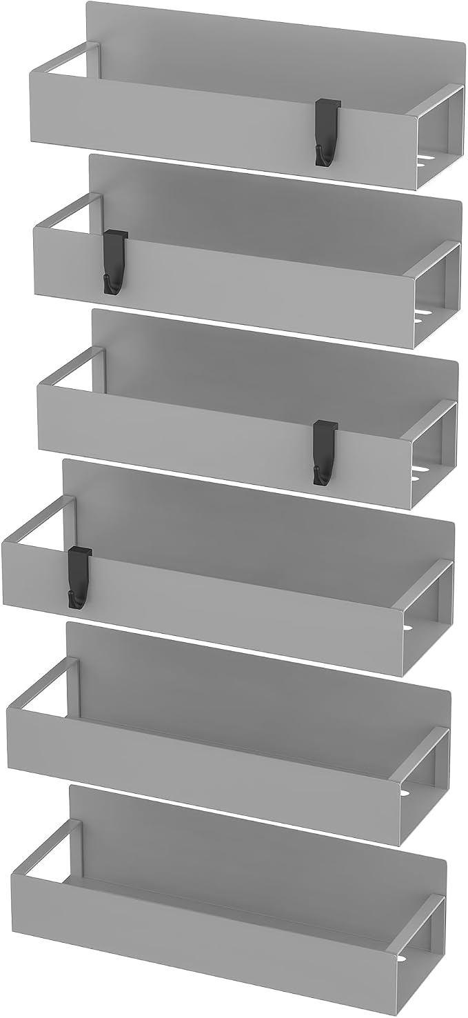 Metal Magnetic Spice Rack for Refrigerator Gray, 6 Pack | Magnetic Shelves Heavy Duty for Fridge in Kitchen, Seasoning Storage Organizer, For Oven Washer and Dryer, For Heavier Items
