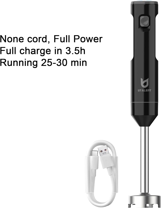 UTALENT Cordless Hand Blender with Chopper for Smoothies, Baby Food & Soups | Variable speed immersion blender, Brushless Motor, USB-C rechargeable, Long-lasting, 500ml chopper, 600ml vessel, Egg whisk