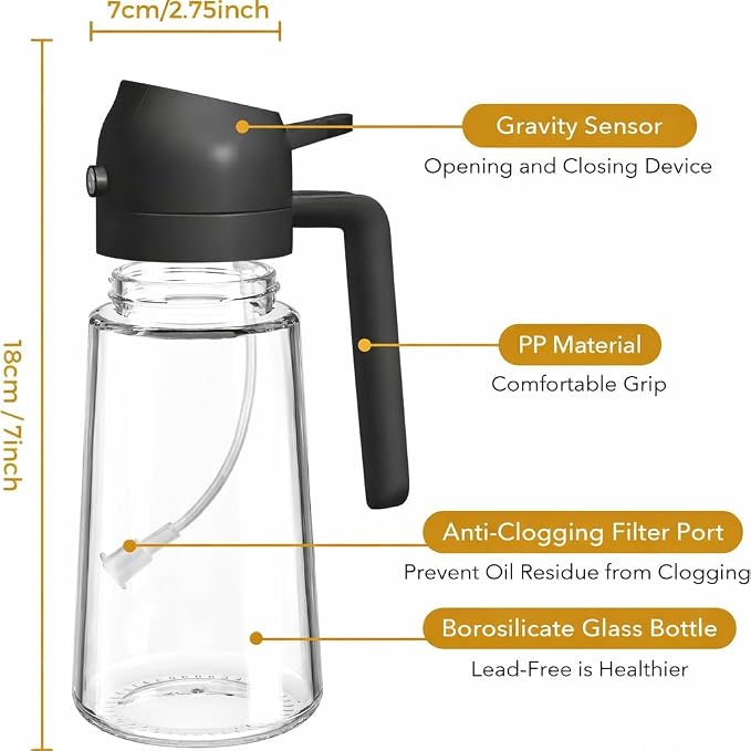 16oz/470ml Glass Olive Oil Sprayer for Cooking, 2 in 1 Oil Dispenser for Kitchen Gadgets, Food Grade Premium Spray Bottle with Portion Control for Salad, Frying, BBQ