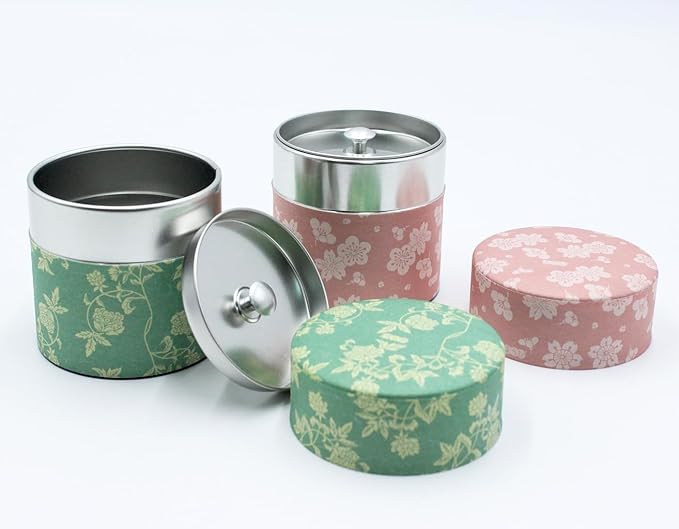 Japanese Pokkan Matcha Coffee Spice Tea Tin Canister Washi Paper Storage with Lid 3.89 oz Capacity (Obaimon, S)