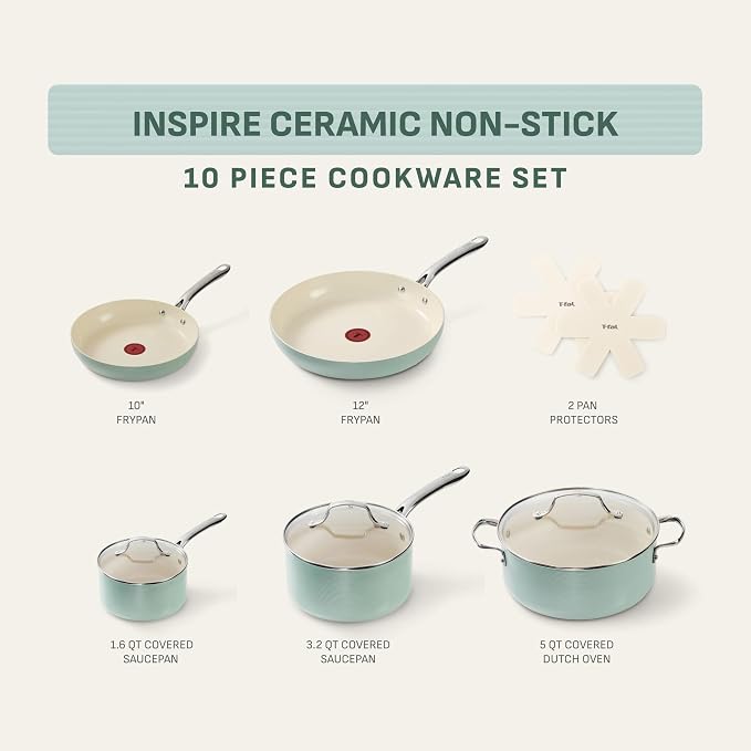 T-Fal Inspire Nonstick Cookware Set, 10-Piece, Oven Safe to 500°F, Stockpot, Ceramic Pots and Pans Set, Frying Pans, Saucepans, Protectors, Mint Green
