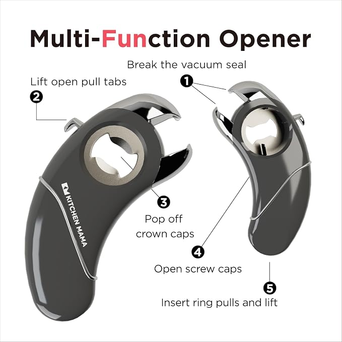 Kitchen Mama Epic One Multifunction Opener, Metal Gray | Magnetic Bottle Opener, Beer Soda Opener, Effortless Jar Lid Opener, For Seniors Elderly with Weak Hand and Arthritis