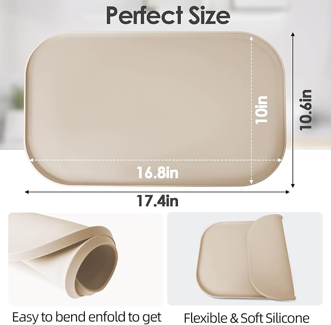 Silicone Coffee Maker Mat with Lip for Countertops, 17.4'' x 10.6'', Khaki | Multi leak-proof coffee tray for countertop, non-slip silicone mat fits most coffee makers & espresso machines, wipe-clean