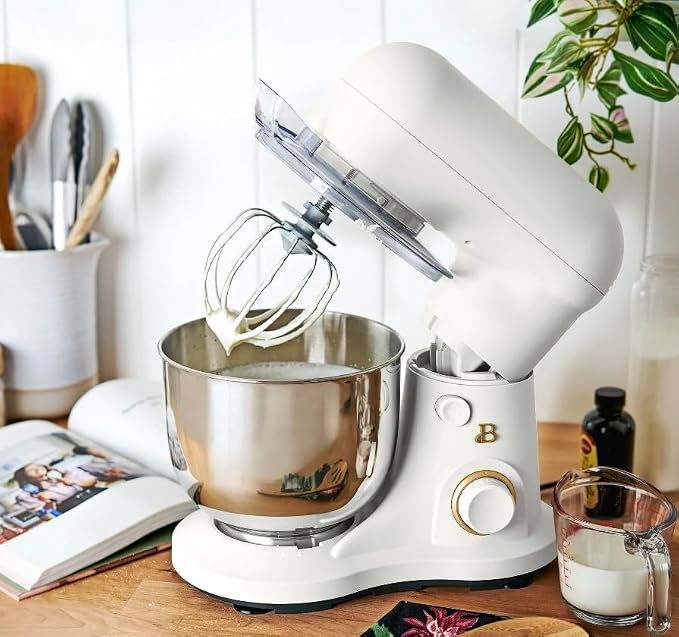 Beautiful 3.5 Qt Stand Mixer by Drew Barrymore, 12-Speed, White Icing | Tilt-Head Design, Stainless Steel Bowl, Dough Hook Included, Wire Whisk Included, Splash Guard Included