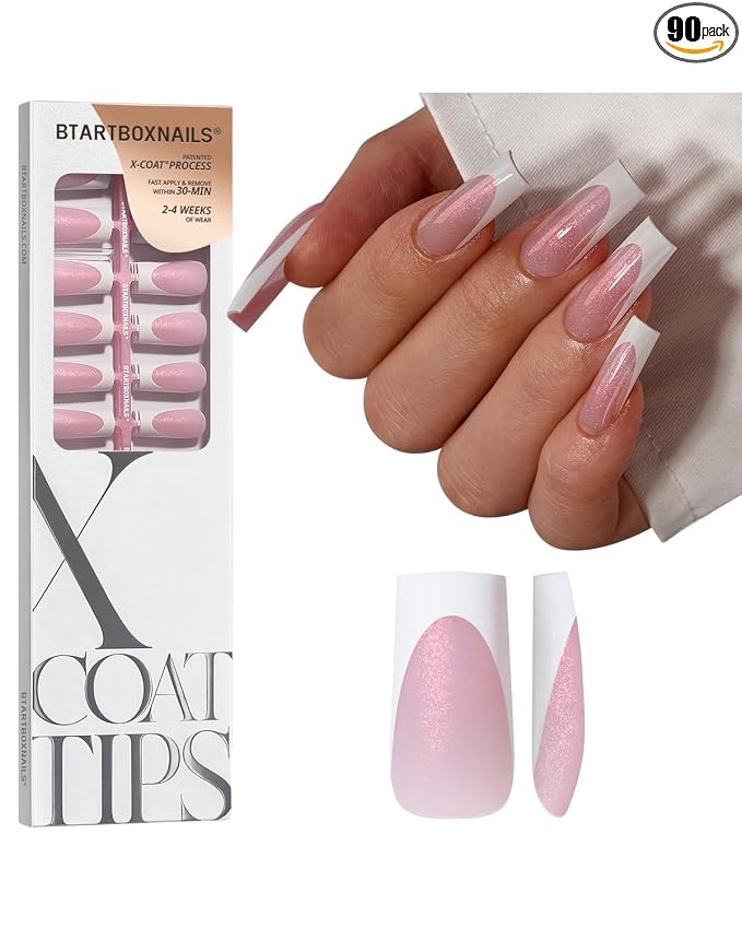 BTArtboxnails XCOATTIPS White French Tip Press On, L Square, Pink Glitter | Lamp-Curable 4-Week Wear, Salon Quality Value at Home, Natural Nail Look, Easy-to-Apply for Beginners, 96ct Nail Tips Only