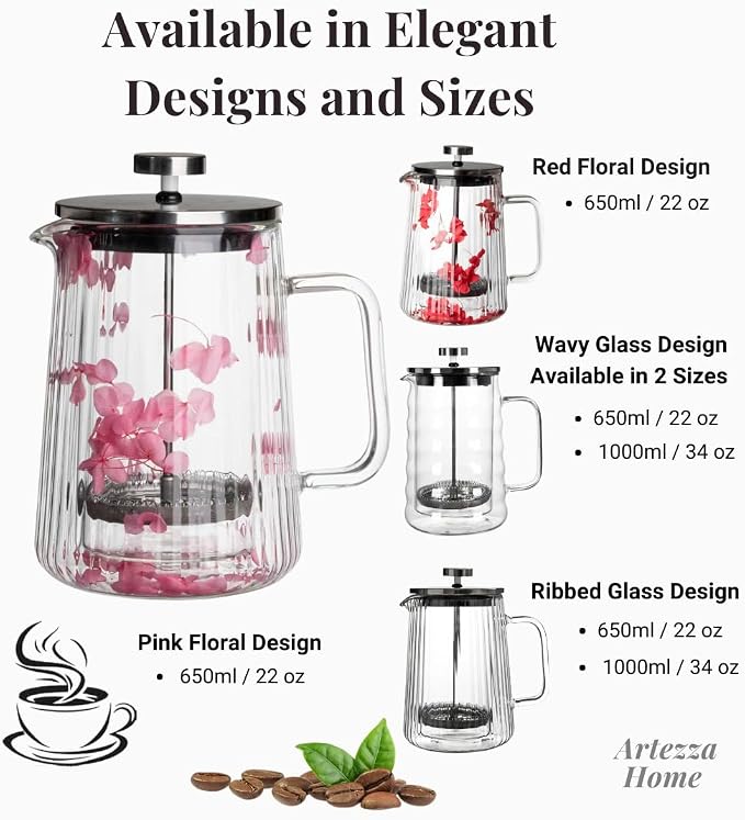 Glass French Press Coffee Maker, Heat Resistant Borosilicate Glass (22oz Pink Floral)