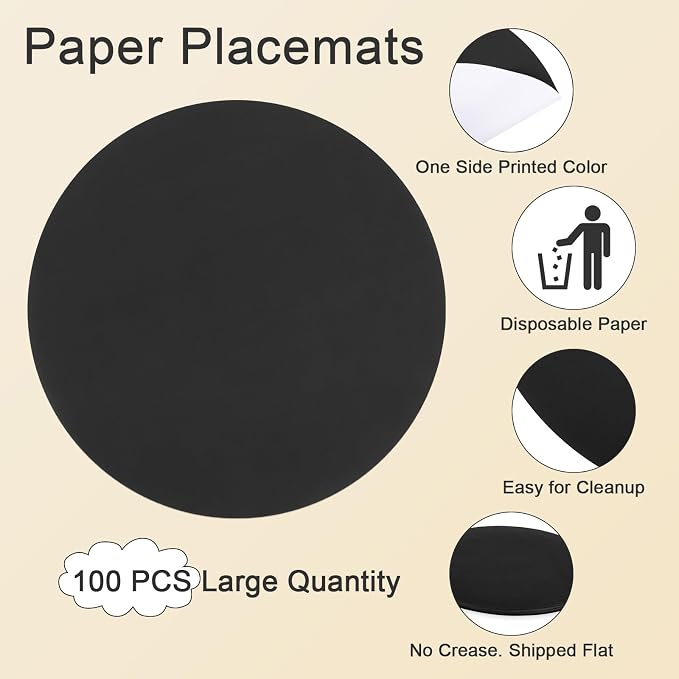 SHACOS 100 PCS Round Paper Placemats 13 inch Disposable Paper Place Mats for Dinner Wedding Birthday Party Festival Table Decoration Indoor Outdoor, Black