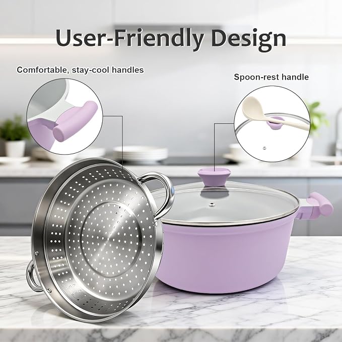 AIKENBBKK 7-Quart Steamer Pot for Cooking, Ceramic Nonstick Stock Pot with Lid, Pasta Pot for All Stoves Including Induction, Lightweight & Durable, Stay-Cool Handle, Purple