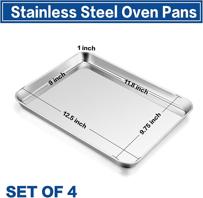 P&P CHEF Baking Sheet Pan, Stainless Steel Cookie Sheet, 12.5 Inch & 4 Pcs | Oven Tray Sheet Pan for Baking & Serving, Baking Tray for Multi Uses, Heavy Duty & Non-toxic, Rust Free & Dishwasher Safe