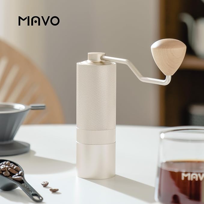 MAVO Manual Coffee Grinder, Wizard Hand Coffee Grinder, Capacity 25g with CNC Stainless Steel Hexagonal Conical Burr, Adjustable Setting, Burr Coffee Bean Grinder for French Press, Pour Over, Silver