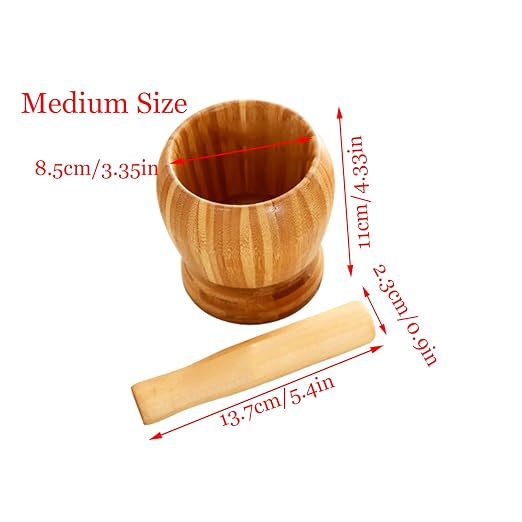 Wooden Pestle and Mortar Bamboo Bowl Set Guacamole Bowl Shell Garlic Pepper Press Mincer Grinder Chopper Crusher Molcajete Mixer for Guacamole,Herbs,Spices,Garlic,Medicine Pills,Seeds - Medium