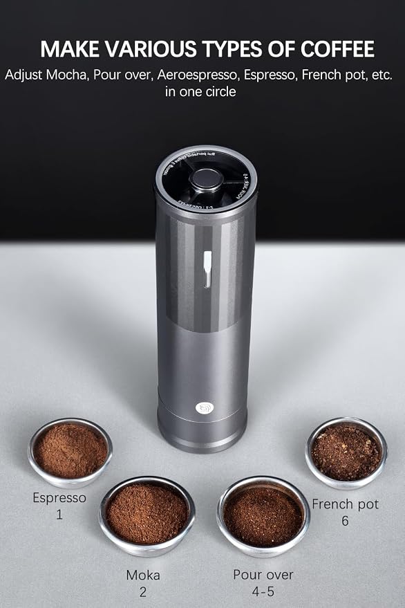 Electric Coffee Grinders, Portable Burr Grinder Capacity 50g w/Magnetic Cover,External Adjustable Setting, Aluminum Alloy Body, 800mAh Battery(Stand not Included) (Silver)