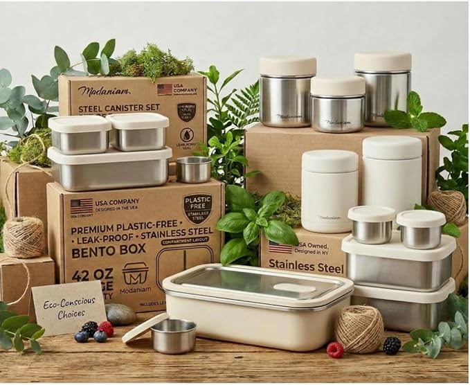 Flexibento - 40 OZ Set -Leak proof Stainless Steel Lunch Box Containers, Lunch Containers with Silicone Lids,Steel Bento Box,Metal lunch Box, Vanilla set of 3, 1 * 40OZ + 2 * 9 OZ