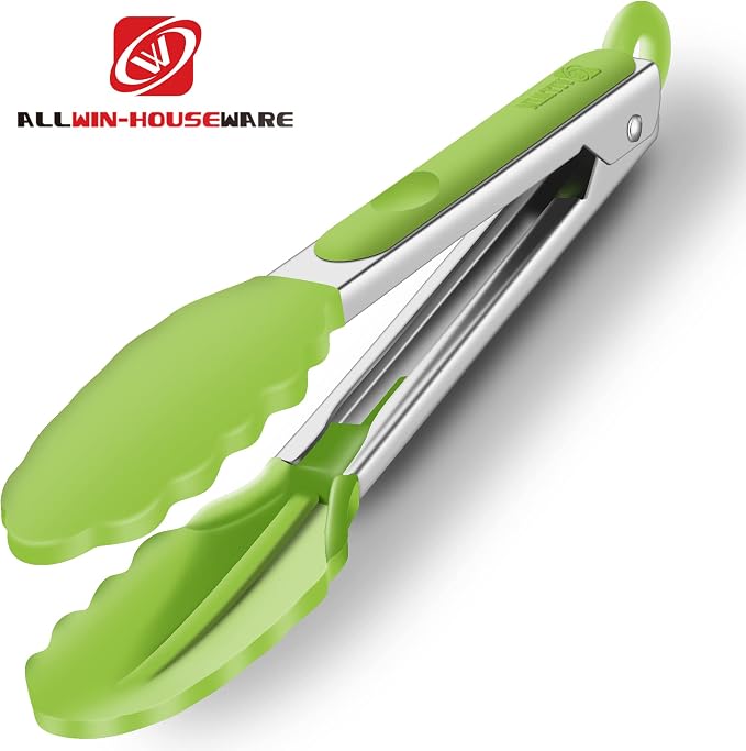 2 Pack Silicone Kitchen Tongs, 9 & 12 Inch, Stainless Steel, Light Green