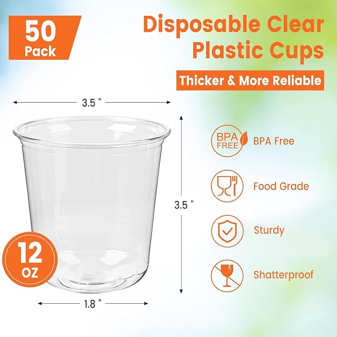 50 x Round Bottom Clear Plastic Cups 12 oz | Disposable Cocktail Cups, Stemless Wine Glasses, Cute Plastic Party Cups for Meeting, Wedding, Birthday, Party Supplies
