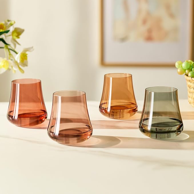 Crystal Colored Stemless Wine Glasses Brown Fall, 15oz Set of 4 | 4 Colorful No Stem Wine Glass, Hand Blown Lead-free, Tapered Rim, Stable Base, Autumn Winter Dinner Daily Use, Ready to Gift