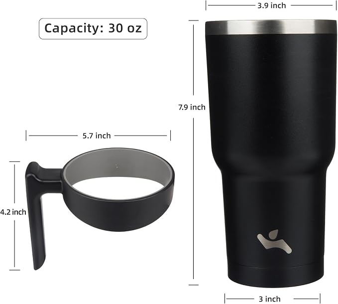 Konokyo 30 oz Tumbler with Handle and Straw, Insulated Travel Mug | Black; BPA-free, leak-proof tumbler with 2 lids, 2 straws, cup holder fit for coffee, office, travel & daily use