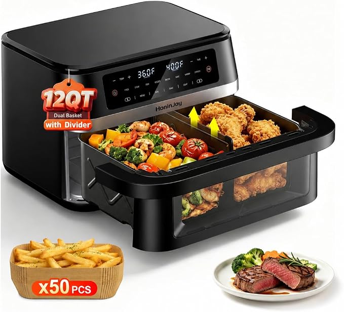 Dual Basket Air Fryers with Flex Basket, 12QT Double Air Fryer with Viewing Window & 50PCS Paper Liners, for 10 People, 12-in-1 Digital Panel with Sync & Light, for Bake, Roast, Reheat,Dishwasher Safe