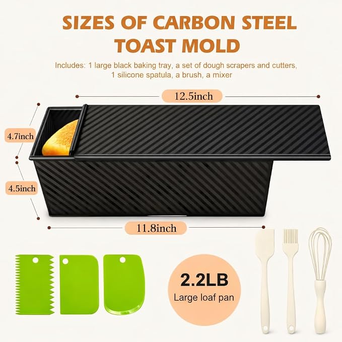 2.2lb Pullman Loaf Pan with Lid, Nonstick Carbon Steel Square Bread Pan for Baking Shokupan, Sandwich, Pain de Mie & Sourdough – Includes 6 Bonus Tools