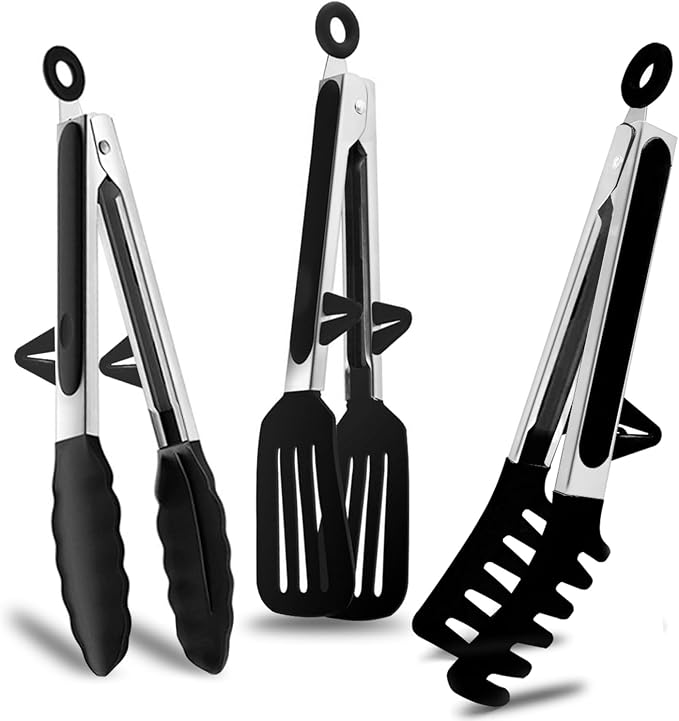 9" Kitchen Tongs for cooking with Silicone Tips, 3Pcs Serving Tongs, Black | Small Silicone Tongs mit kickstand, Food Grade, 3 different type of tongs, Stainless Steel