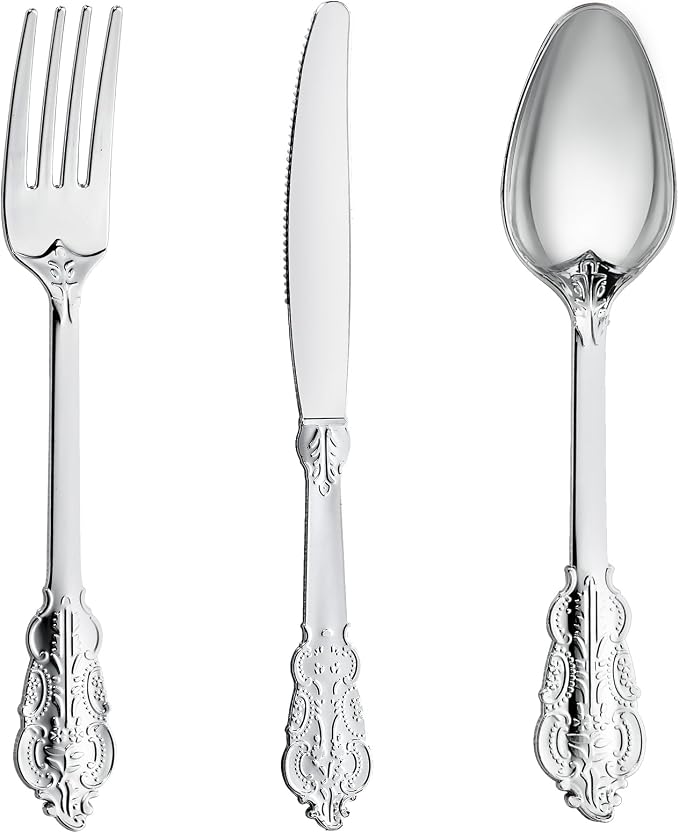 300PCS Silver Plastic Silverware, Vintage Disposable Utensils & Cutlery | 100 Fancy Forks, Spoons, Knives, Heavy Duty, BPA-Free, for Party, Weddings, Birthday & Holiday