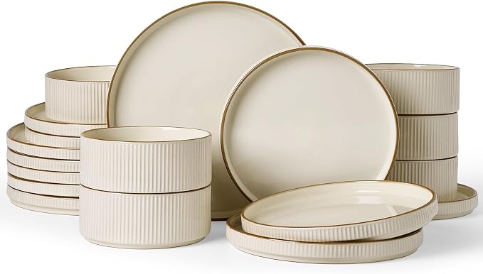 Famiware Stoneware Dishes Dinnerware Sets for 6, Plates and Bowls with Trim | 18pc Ceramic Dinner Set with Lipped Edges, Chip & Scratch Resistant , Microwave & Dishwasher Safe, Everyday Formal Use, Cream