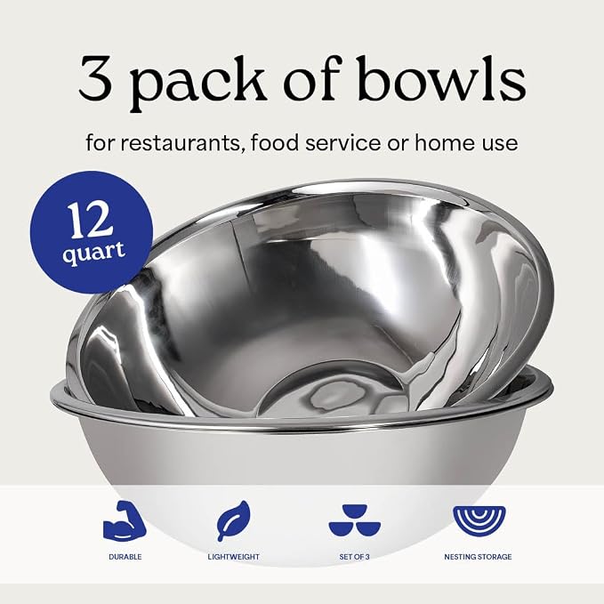 12 Quart Large Stainless Steel Mixing Bowls Set, 3-Pack, Nesting Bowls | Extra Large Commercial Grade Metal Bowls for Meal Prep, Baking, Serving, Food Storage. Rustproof & Dishwasher Safe