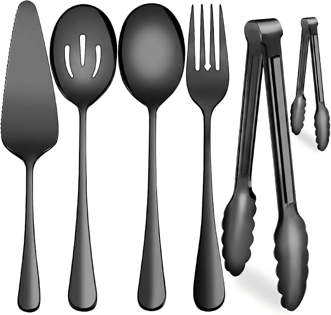 Serving Utensils, XEVOM 6-Piece Stainless Steel Serving Utensil Set Black | Include Serving Spoon, Slotted Serving Spoon, Serving Fork,Serving Tong, Appetizers Tong,Pie Server