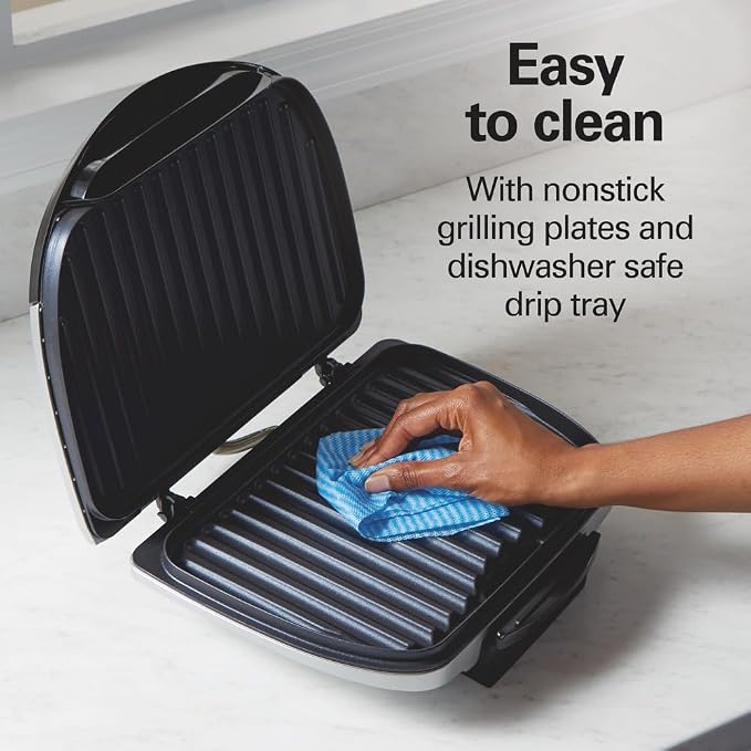 Hamilton Beach Electric Indoor Grill With Floating Hinge For Thicker Food | Large 90 sq. in. PFAS-Free Non-Stick Cooking Surface Fors 6 Burgers | Easy Clean Plates | 1200 Watts | Silver | 25371MN