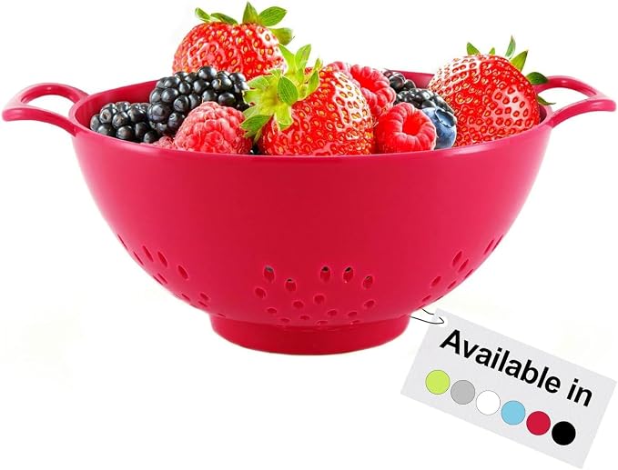 Meadow Lane 6-Inch Small Colander, 3-Cup Food Strainer, Cardinal Red | BPA-free, dishwasher-safe mini colander has a wide, shallow bowl, 1/8-inch holes, two handles, ring foot and smooth edges.